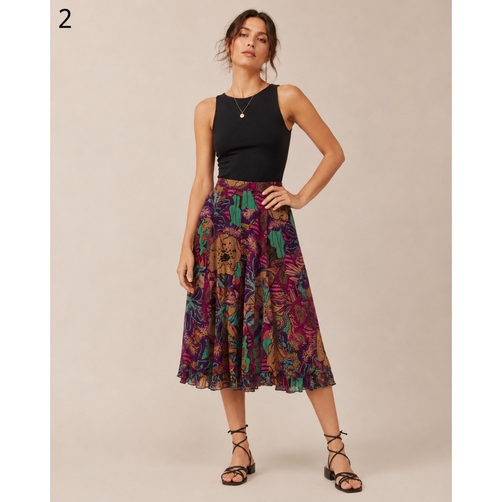 Coldwater Creek Midi Skirt Womens Small Pink Purple Whimsical Flower Boho Hippie